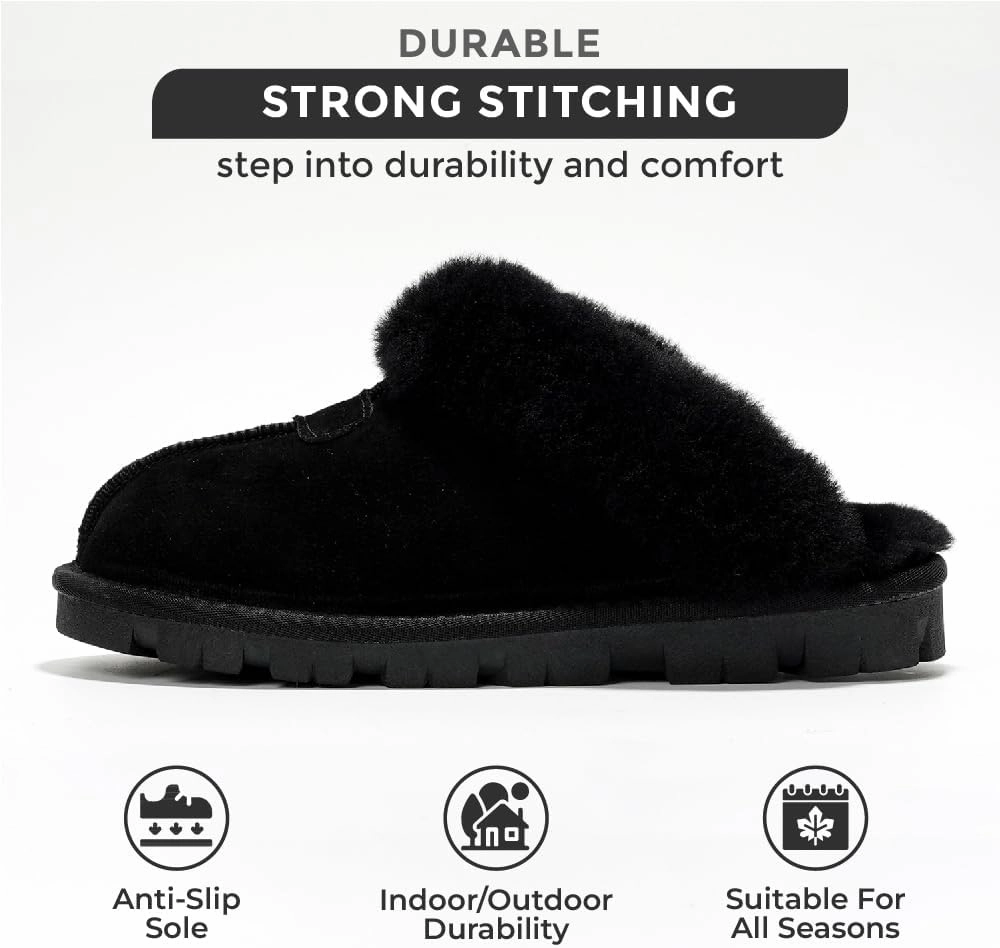 Project Cloud House Slippers for Women - Genuine Leather & Natural Fur Lining Fluffy Slippers - Cozy Memory Foam Womens Shoes (Hedy)