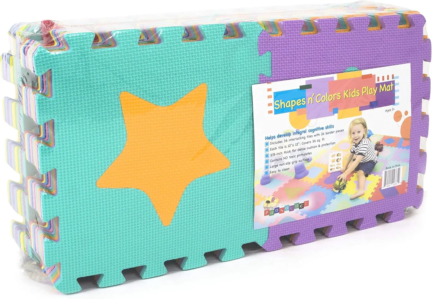 ProSource Kids Foam Puzzle Floor Play Mat with Shapes & Colors 36 Tiles, 12"x12" and 24 Borders