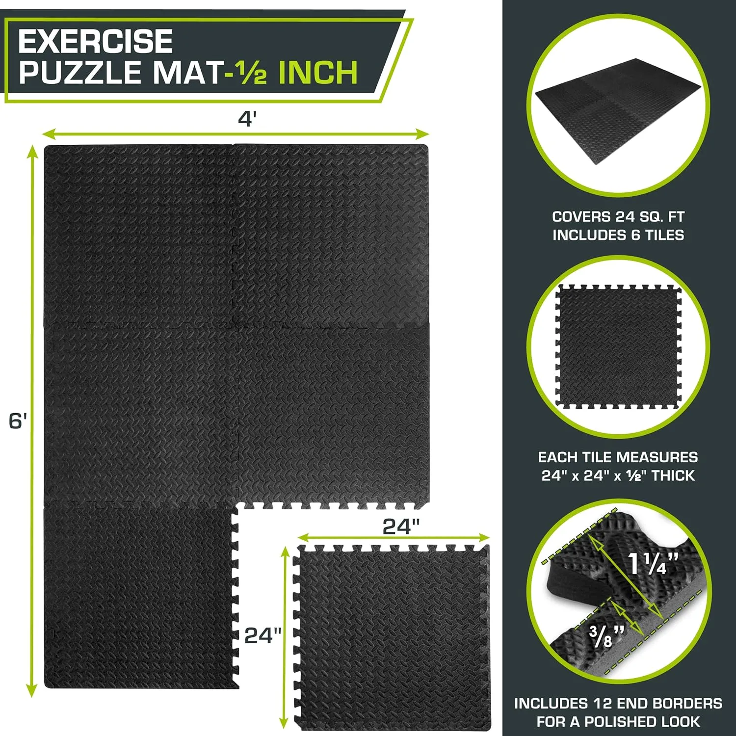 ProsourceFit Puzzle Exercise Mat ½ in, EVA Interlocking Foam Floor Tiles for Home Gym, Mat for Home Workout Equipment, Floor Padding for Kids, Grey, 24 in x 24 in x ½ in, 144 Sq Ft - 36 Tiles