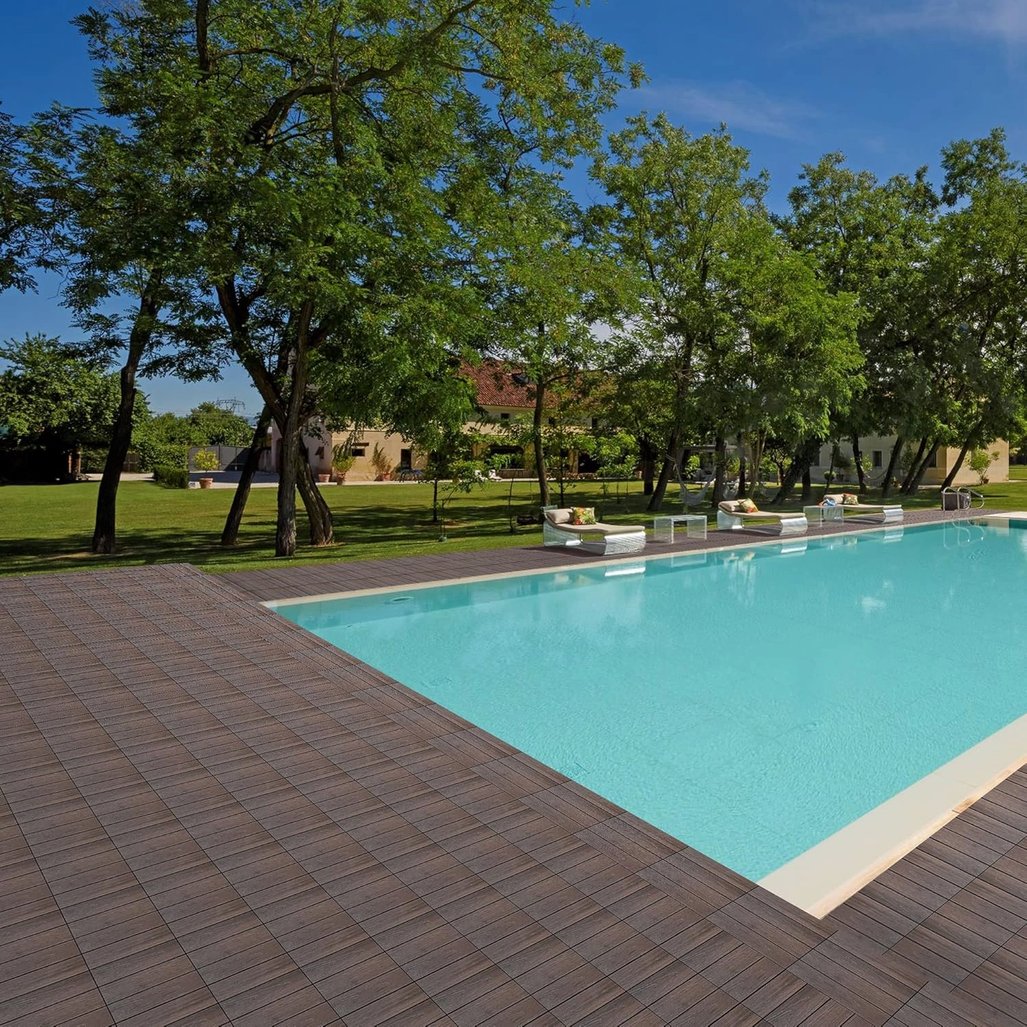 PURE ERA Wood Composite Interlocking Floor Deck Tiles Indoor Outdoor Use 12"x12" (10Pcs, 10 sq. Ft, Dark Brown Oak Wood Pattern) - Great Upgrade to Patio Backyard Pathway