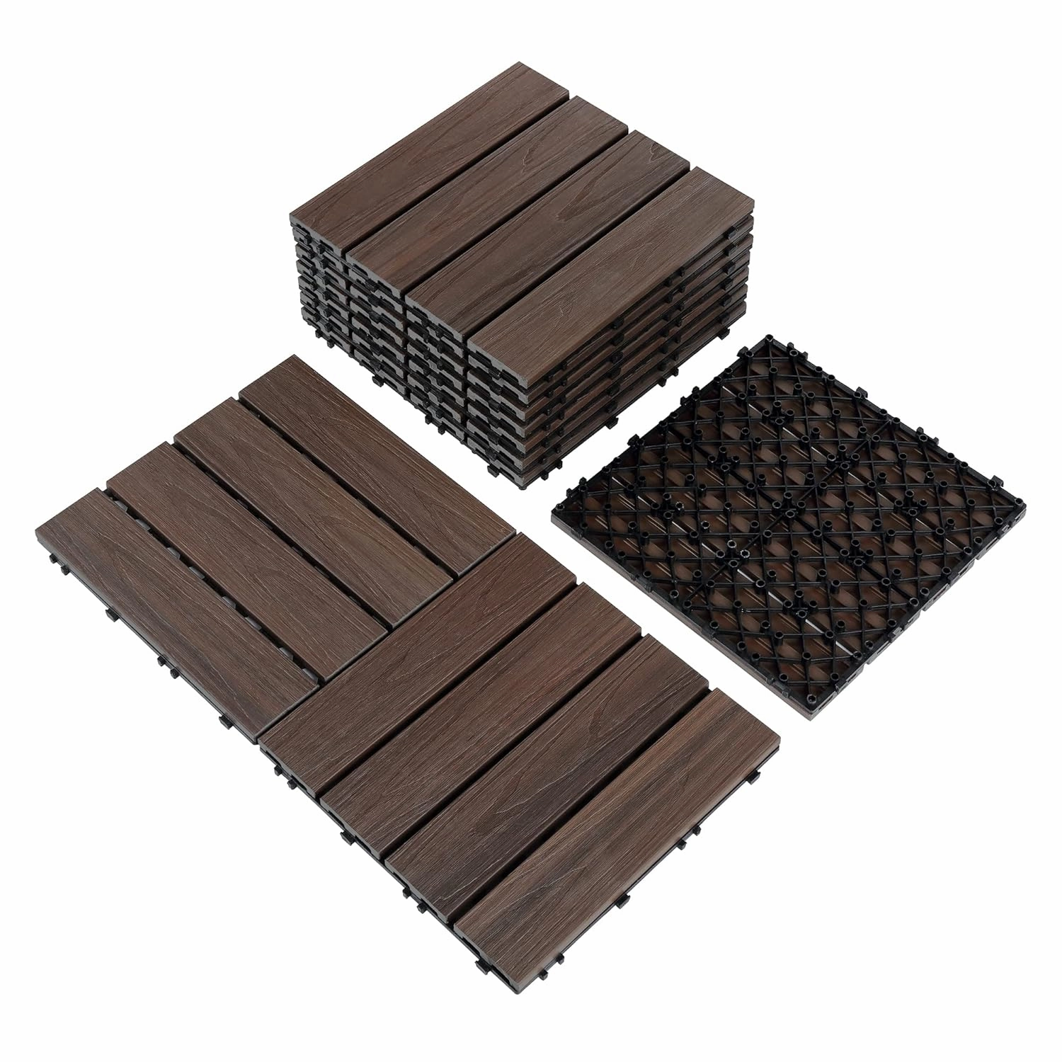 PURE ERA Wood Composite Interlocking Floor Deck Tiles Indoor Outdoor Use 12"x12" (10Pcs, 10 sq. Ft, Dark Brown Oak Wood Pattern) - Great Upgrade to Patio Backyard Pathway