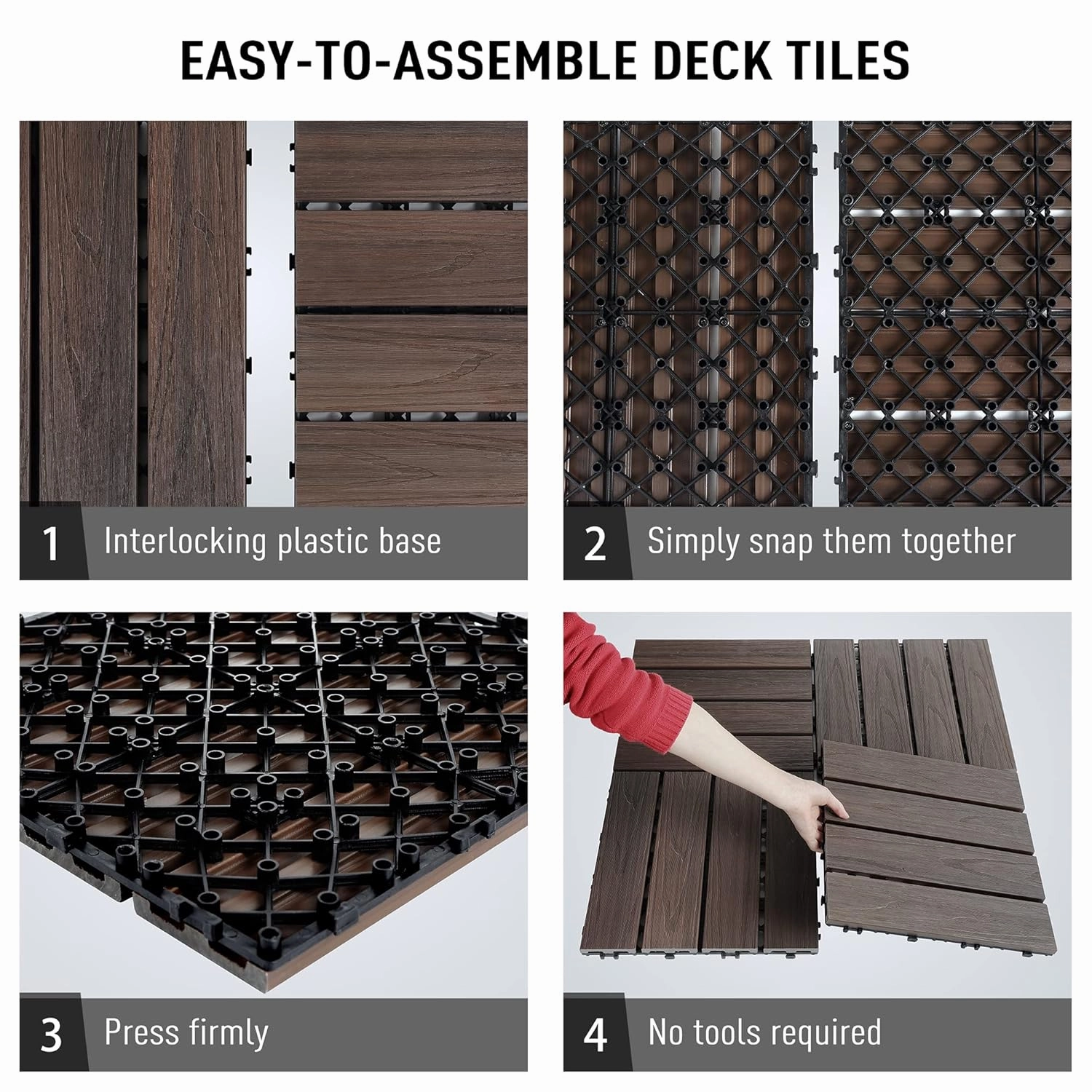 PURE ERA Wood Composite Interlocking Floor Deck Tiles Indoor Outdoor Use 12"x12" (10Pcs, 10 sq. Ft, Dark Brown Oak Wood Pattern) - Great Upgrade to Patio Backyard Pathway