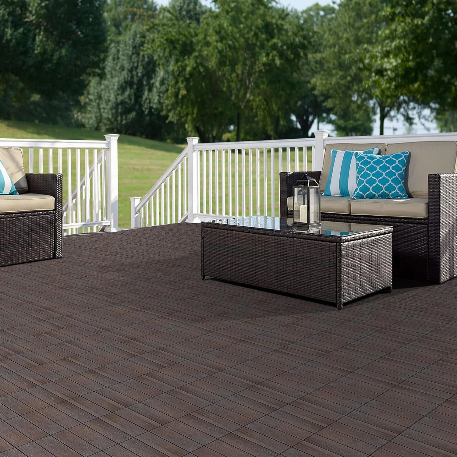 PURE ERA Wood Composite Interlocking Floor Deck Tiles Indoor Outdoor Use 12"x12" (10Pcs, 10 sq. Ft, Dark Brown Oak Wood Pattern) - Great Upgrade to Patio Backyard Pathway