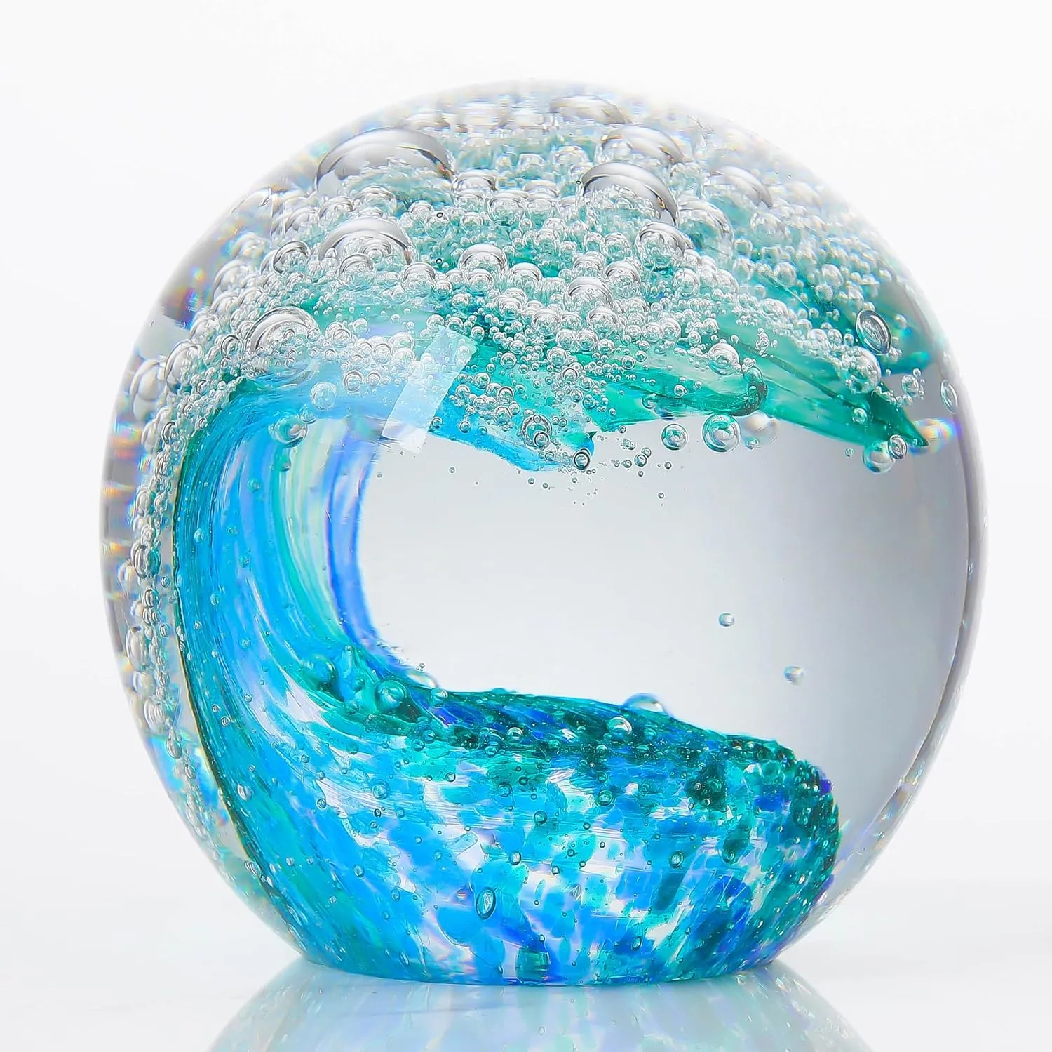 Qianwei Hand Blown Ocean Waves Crystal Ball - Glass Collectible Figurines Spere - Paperweight Glass Ball Aquarium DecorOffice Decor Ocean Lovers