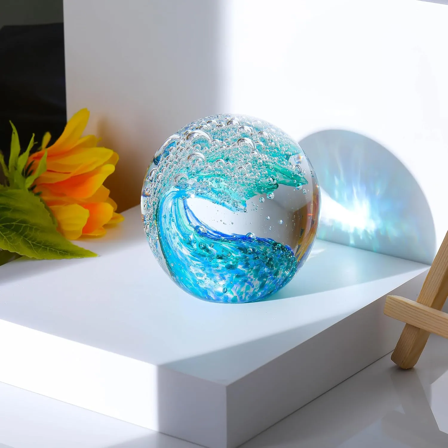Qianwei Hand Blown Ocean Waves Crystal Ball - Glass Collectible Figurines Spere - Paperweight Glass Ball Aquarium DecorOffice Decor Ocean Lovers