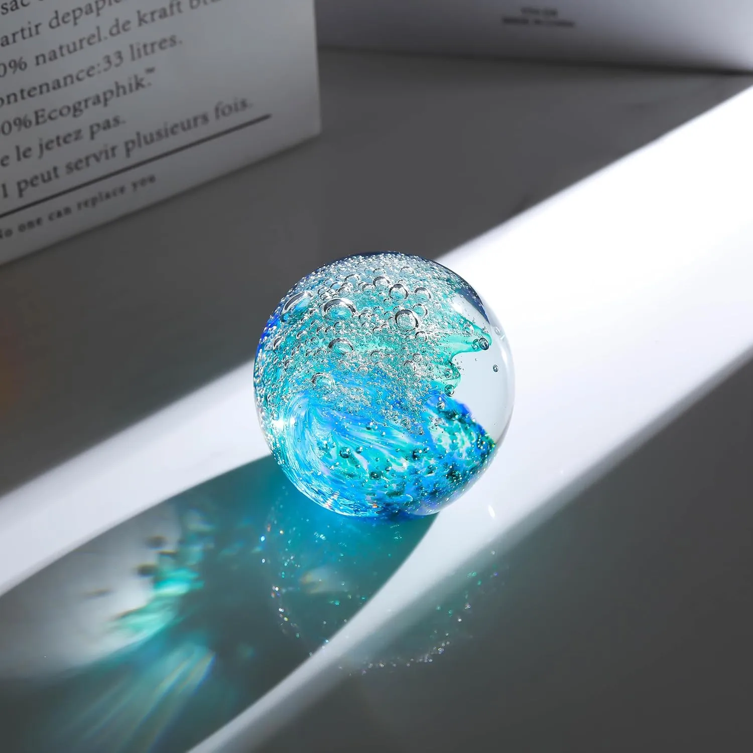 Qianwei Hand Blown Ocean Waves Crystal Ball - Glass Collectible Figurines Spere - Paperweight Glass Ball Aquarium DecorOffice Decor Ocean Lovers