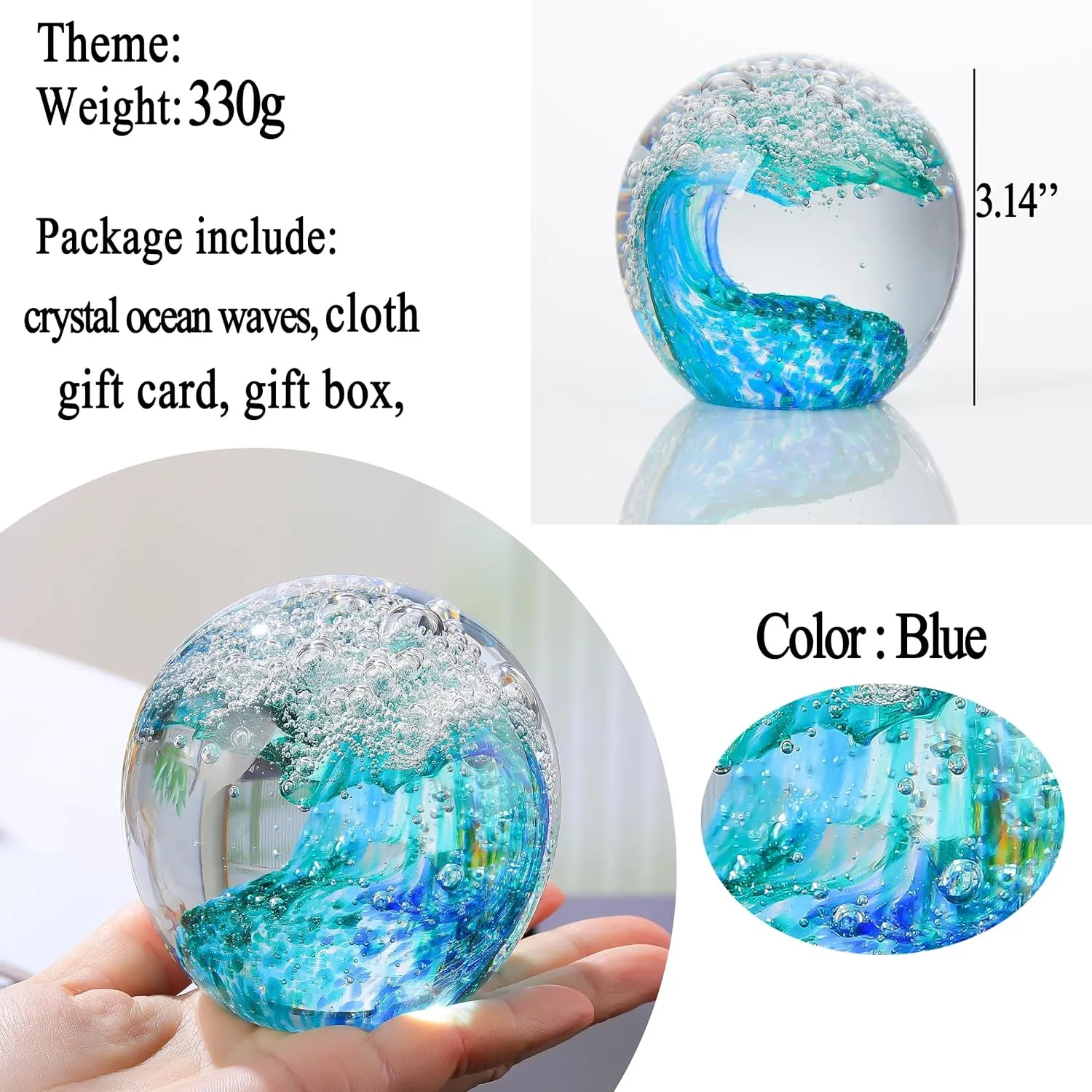 Qianwei Hand Blown Ocean Waves Crystal Ball - Glass Collectible Figurines Spere - Paperweight Glass Ball Aquarium DecorOffice Decor Ocean Lovers