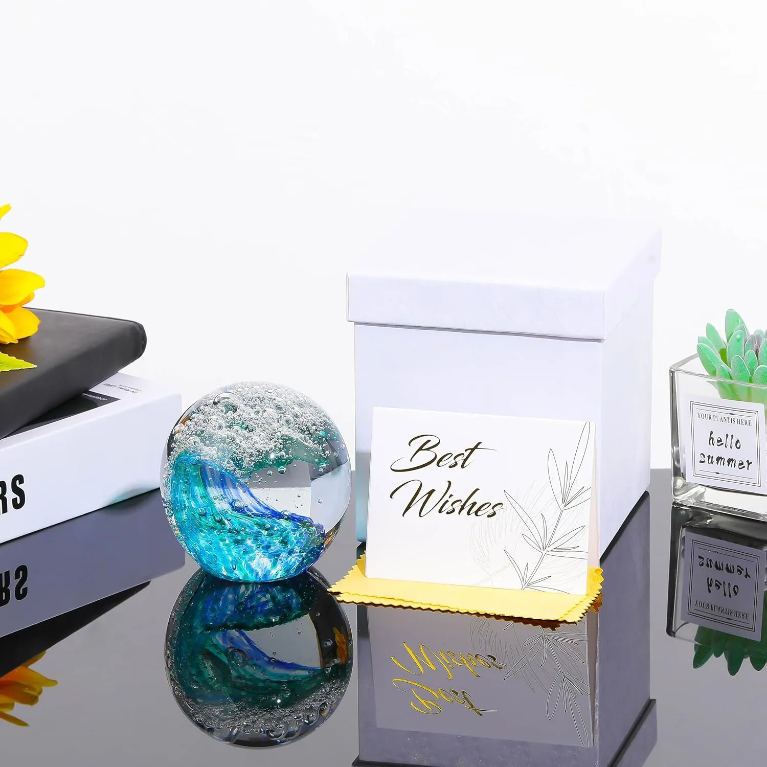 Qianwei Hand Blown Ocean Waves Crystal Ball - Glass Collectible Figurines Spere - Paperweight Glass Ball Aquarium DecorOffice Decor Ocean Lovers
