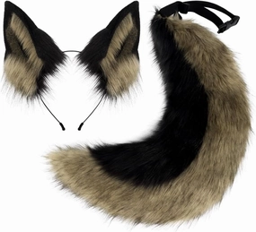 QinRuan Faux Fur Wolf Ears Headband Furry Dog Tail Set Animal Coustume Cospaly Halloween Party