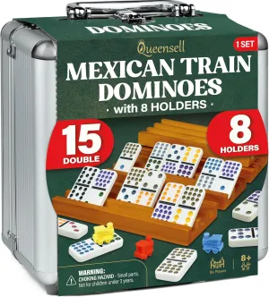 Queensell Mexican Train Dominoes Set Double 15 with 8 Holders - Wooden Hub and Tiles Holders - Double 15 with Dots (D15   8 Holders)