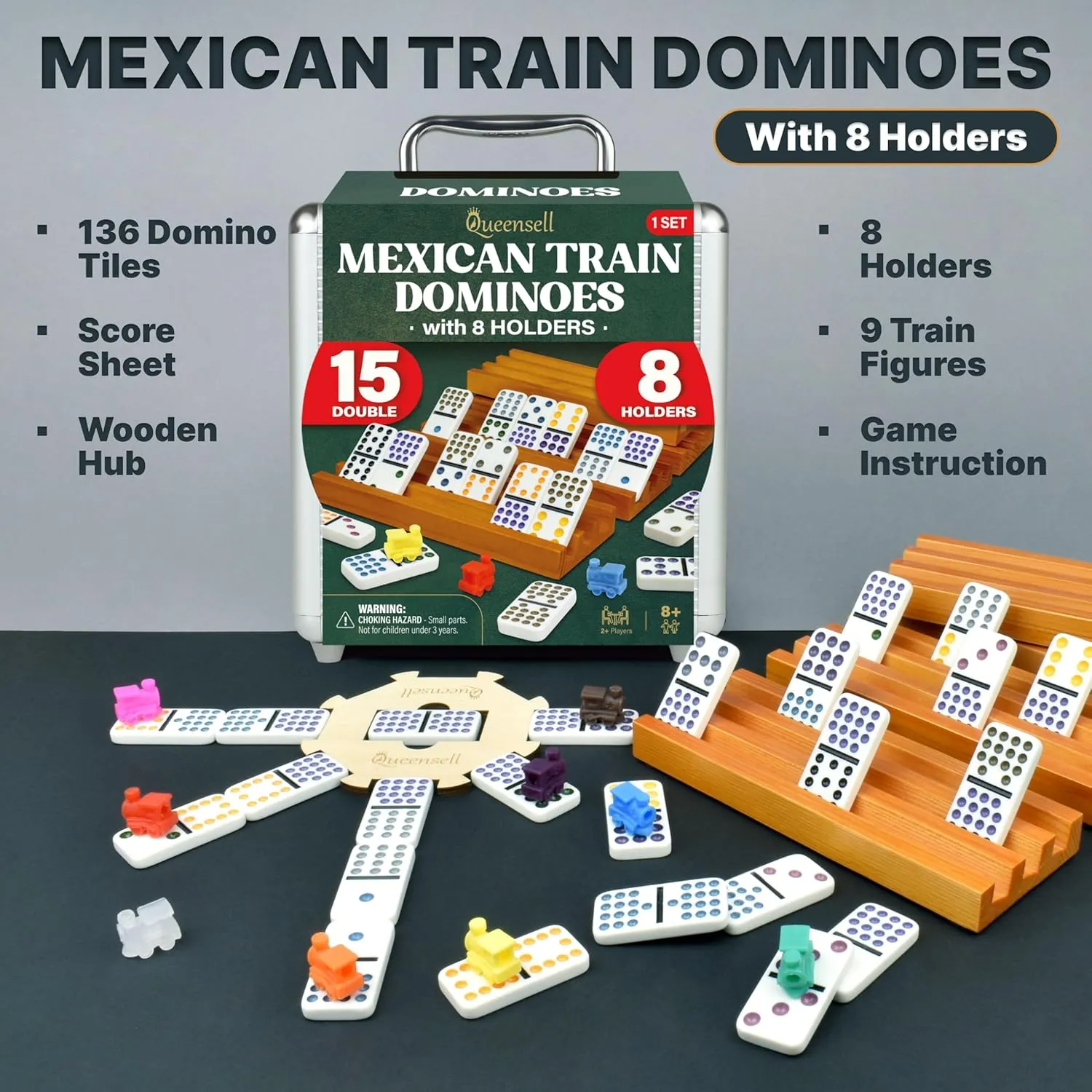 Queensell Mexican Train Dominoes Set Double 15 with 8 Holders - Wooden Hub and Tiles Holders - Double 15 with Dots (D15   8 Holders)