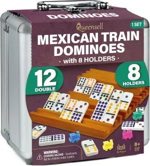 Queensell Mexican Train Dominoes Set with 8 Holders - Wooden Hub and Tiles Holders - Double 12 Tiles with Dots (D12   8 Holders)