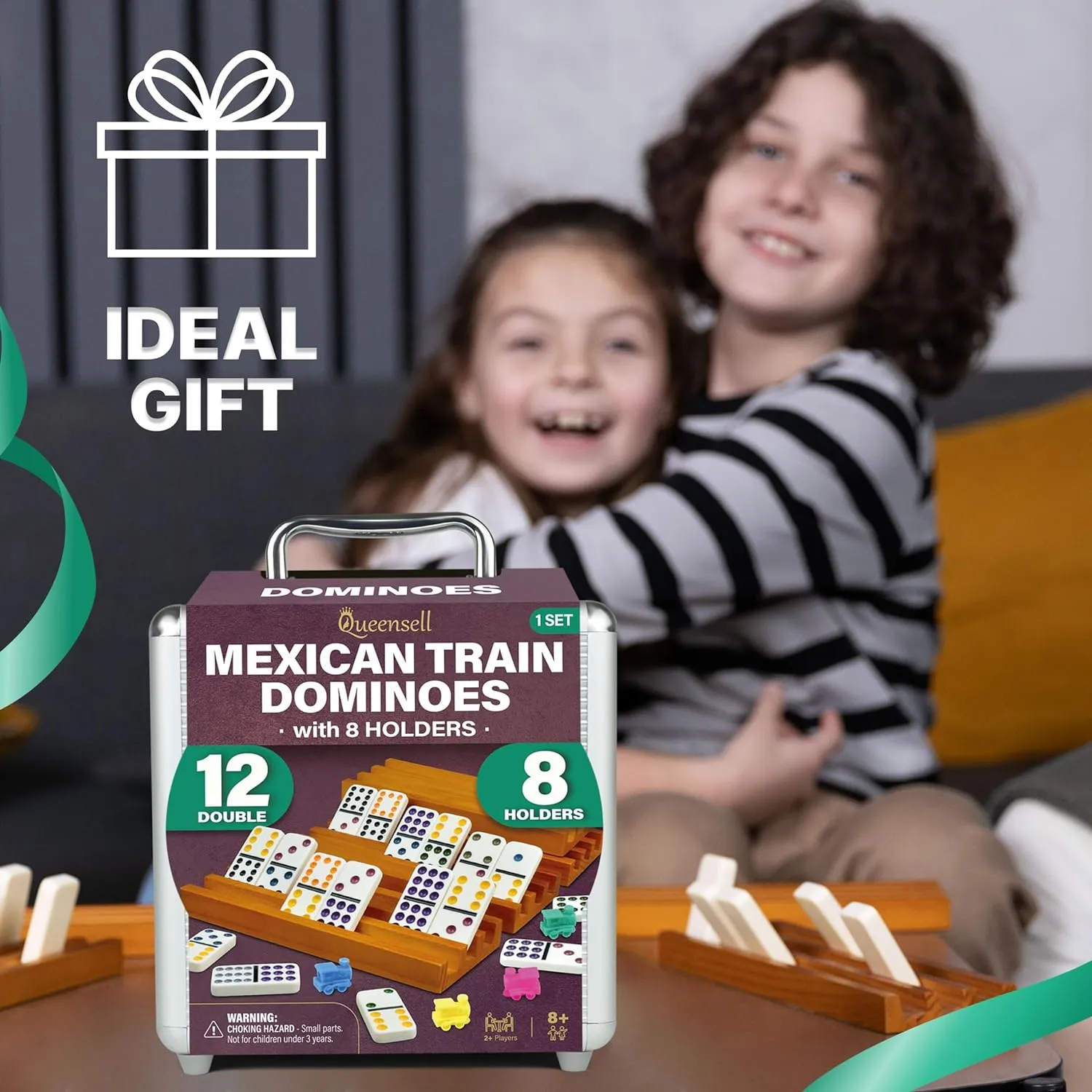 Queensell Mexican Train Dominoes Set with 8 Holders - Wooden Hub and Tiles Holders - Double 12 Tiles with Dots (D12   8 Holders)