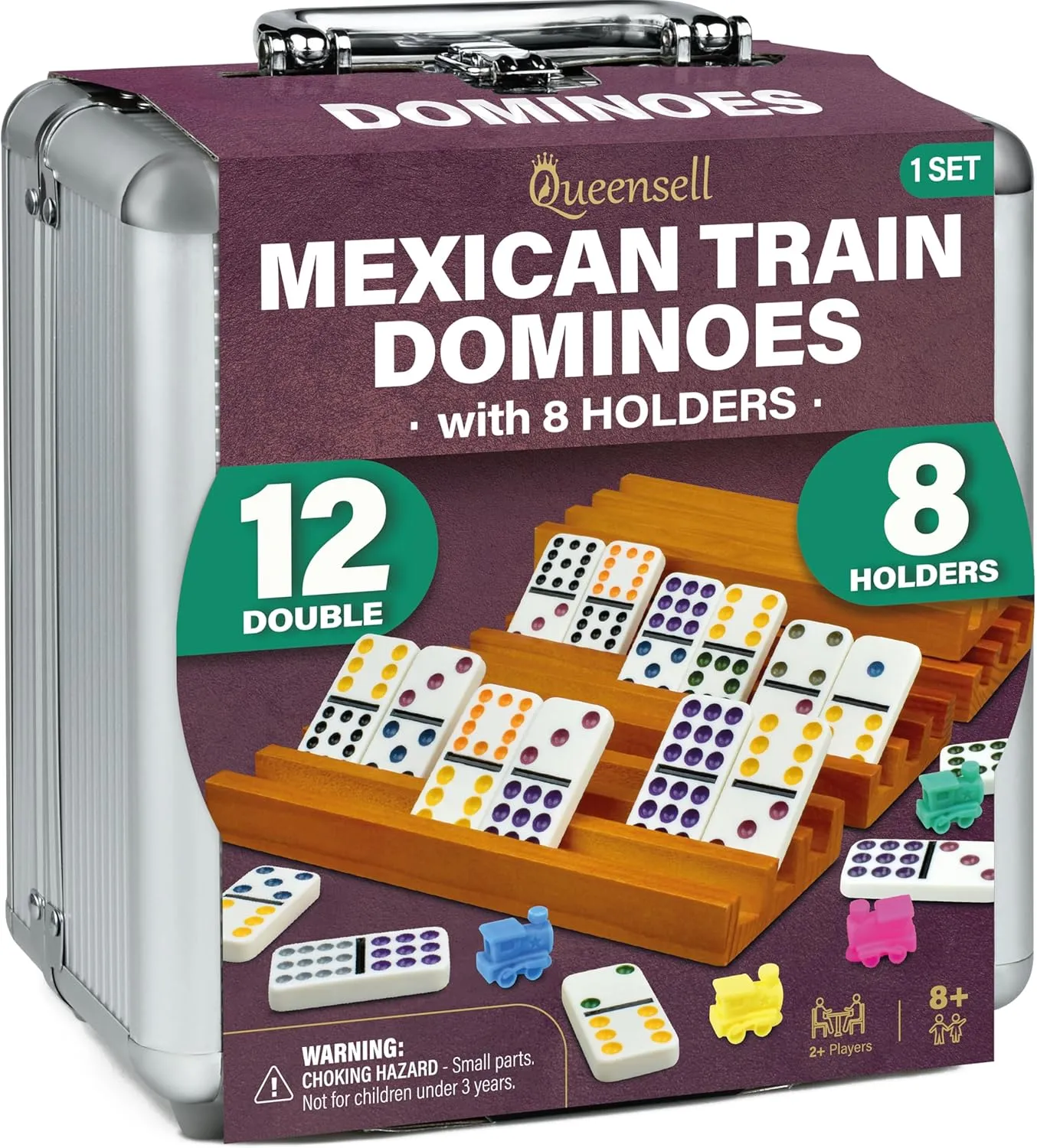 Queensell Mexican Train Dominoes Set with 8 Holders - Wooden Hub and Tiles Holders - Double 12 Tiles with Dots (D12   8 Holders)
