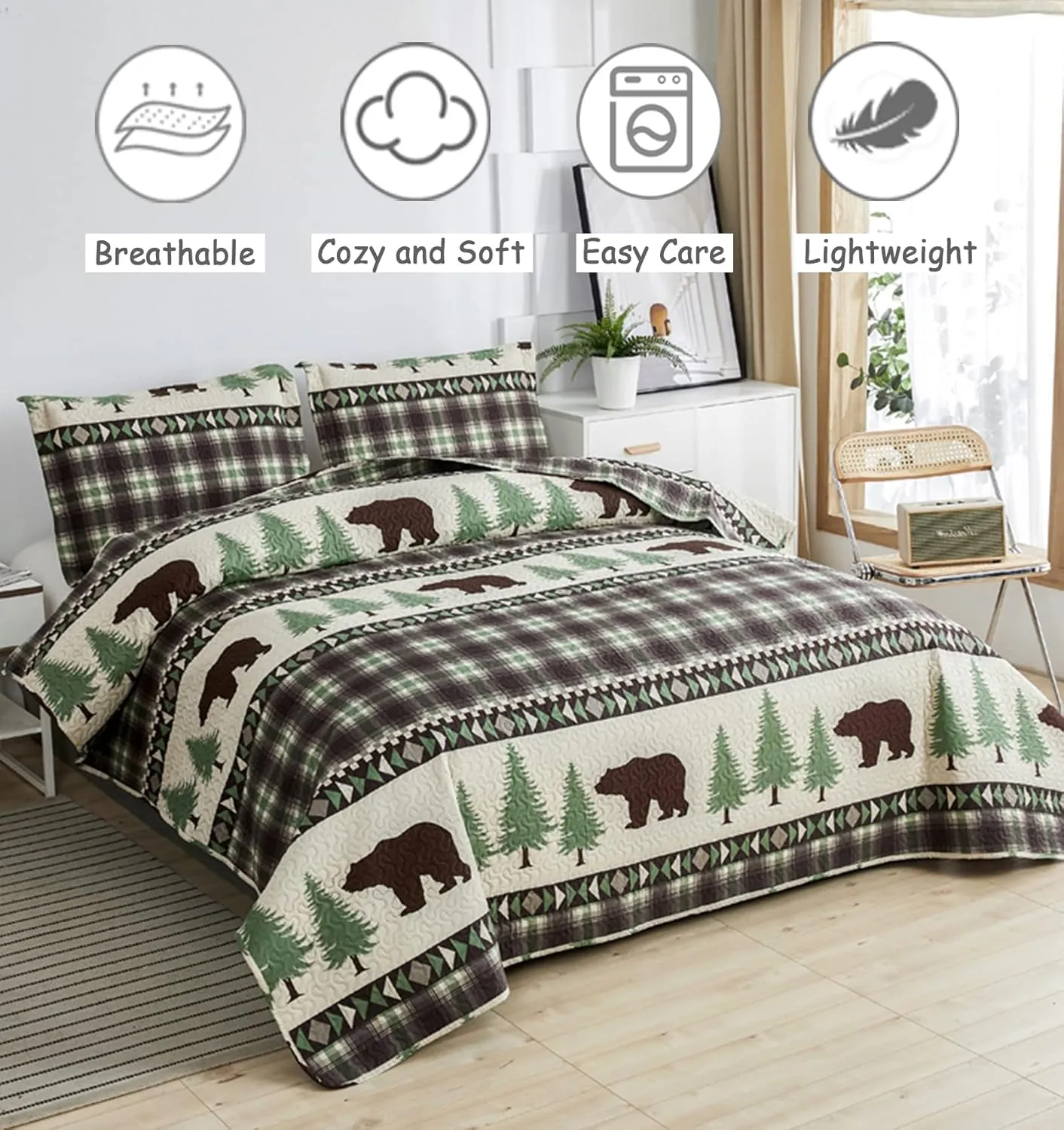 Quilts Queen Size, 3Pcs Rustic Cabin Bedspread Coverlet Set Brown Bear Green Pine Tree Bedding Set Lightweight Soft Reversible Plaid Stripe Bed Cover Set Farmhouse Decor for All Season(90"x 90")