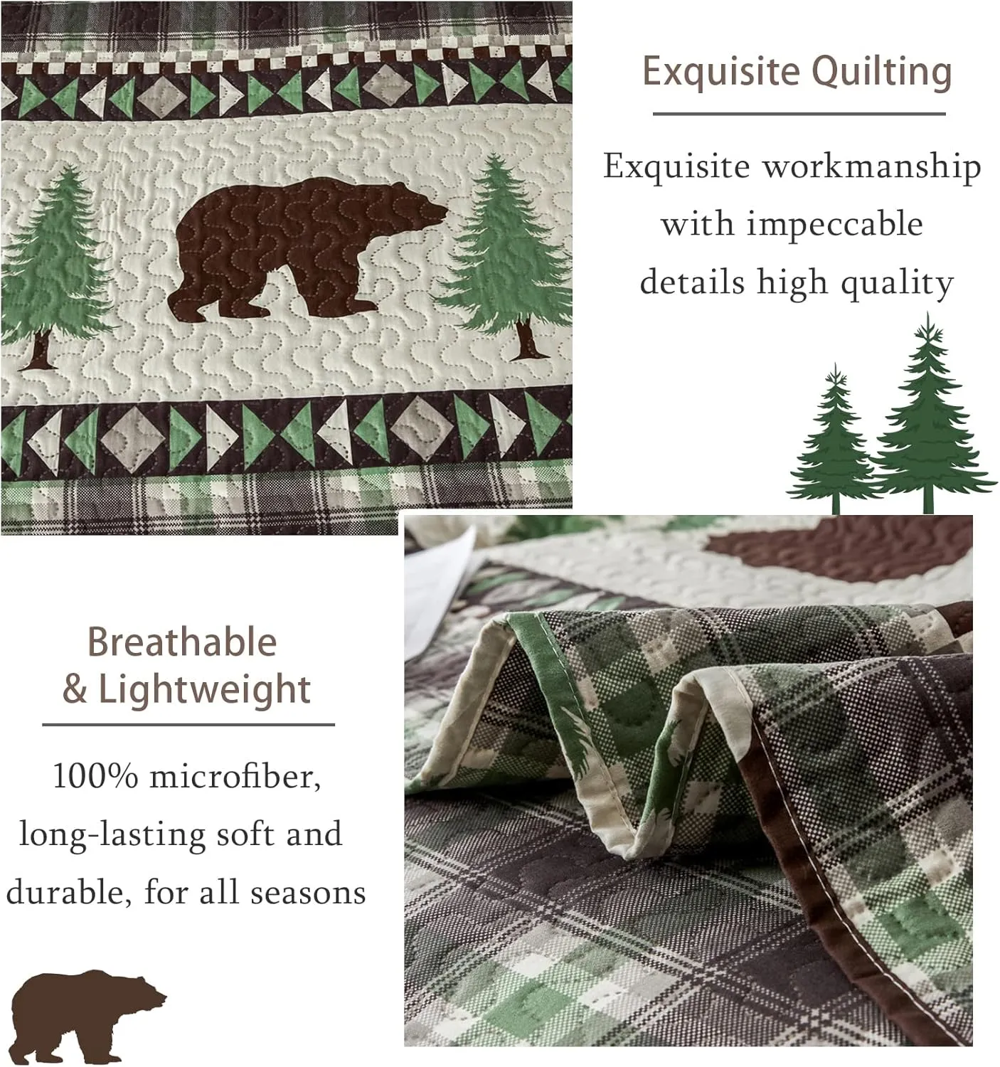 Quilts Queen Size, 3Pcs Rustic Cabin Bedspread Coverlet Set Brown Bear Green Pine Tree Bedding Set Lightweight Soft Reversible Plaid Stripe Bed Cover Set Farmhouse Decor for All Season(90"x 90")