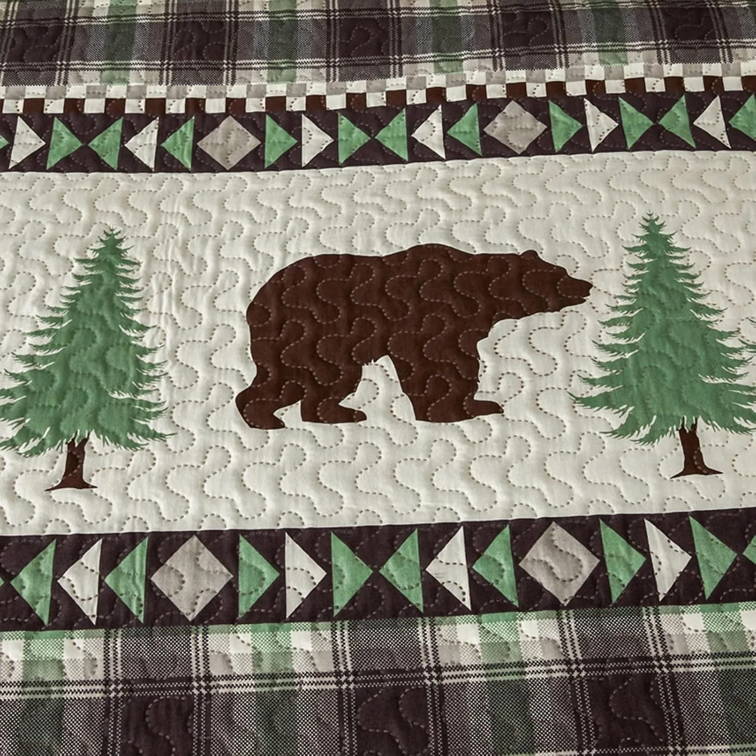 Quilts Queen Size, 3Pcs Rustic Cabin Bedspread Coverlet Set Brown Bear Green Pine Tree Bedding Set Lightweight Soft Reversible Plaid Stripe Bed Cover Set Farmhouse Decor for All Season(90"x 90")