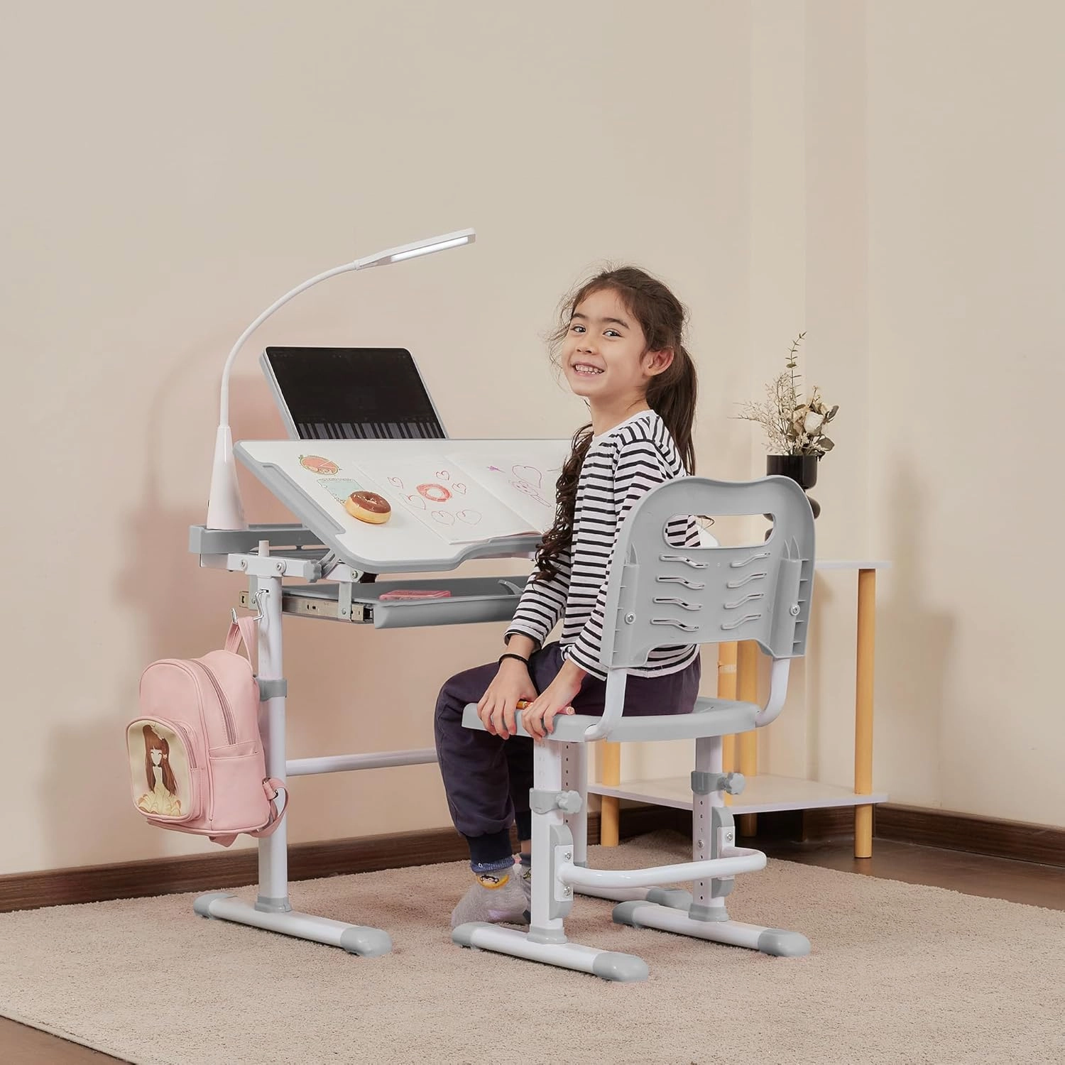 Real Relax Children's Adjustable Desk Set, Tiltable Desktop Girls Desk for Bedroom(Grey)