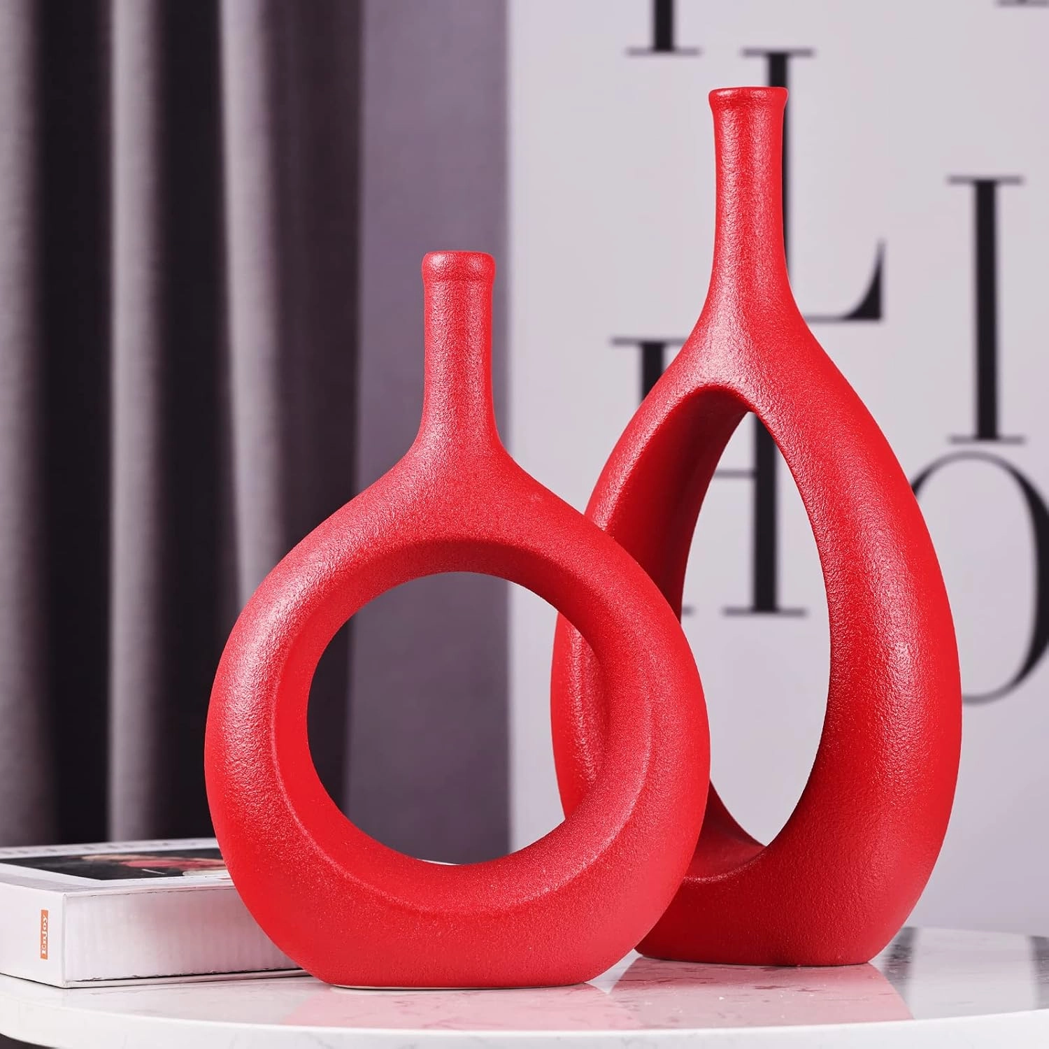 Red Ceramic Vase Set 2,Modern Hollow Circle with Hole Flower Vase for Home Decor,for Table Centerpieces,Farmhouse,Fire Place,Living Room,Bedroom,Office,Bookshelf,Rustic Decor