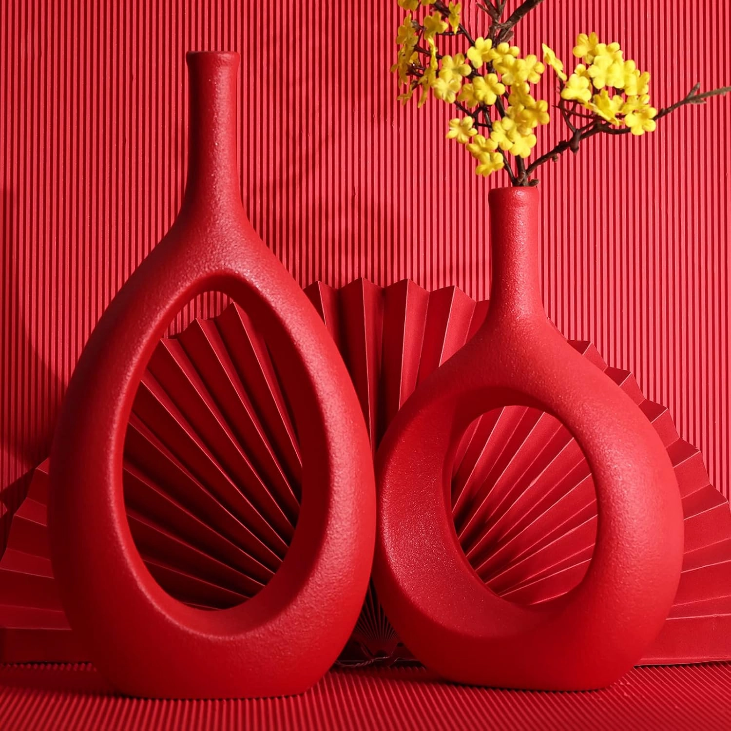 Red Ceramic Vase Set 2,Modern Hollow Circle with Hole Flower Vase for Home Decor,for Table Centerpieces,Farmhouse,Fire Place,Living Room,Bedroom,Office,Bookshelf,Rustic Decor