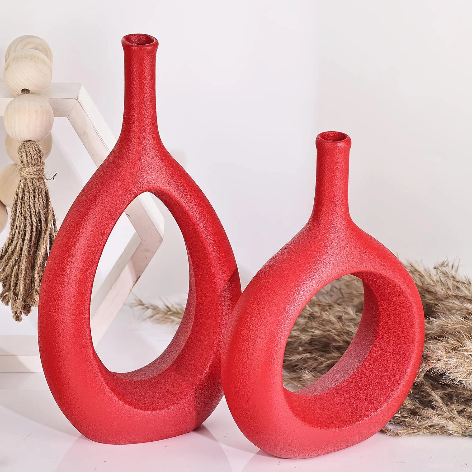 Red Ceramic Vase Set 2,Modern Hollow Circle with Hole Flower Vase for Home Decor,for Table Centerpieces,Farmhouse,Fire Place,Living Room,Bedroom,Office,Bookshelf,Rustic Decor