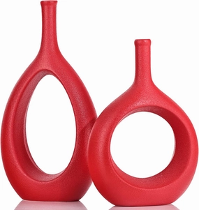 Red Ceramic Vase Set 2,Modern Hollow Circle with Hole Flower Vase for Home Decor,for Table Centerpieces,Farmhouse,Fire Place,Living Room,Bedroom,Office,Bookshelf,Rustic Decor