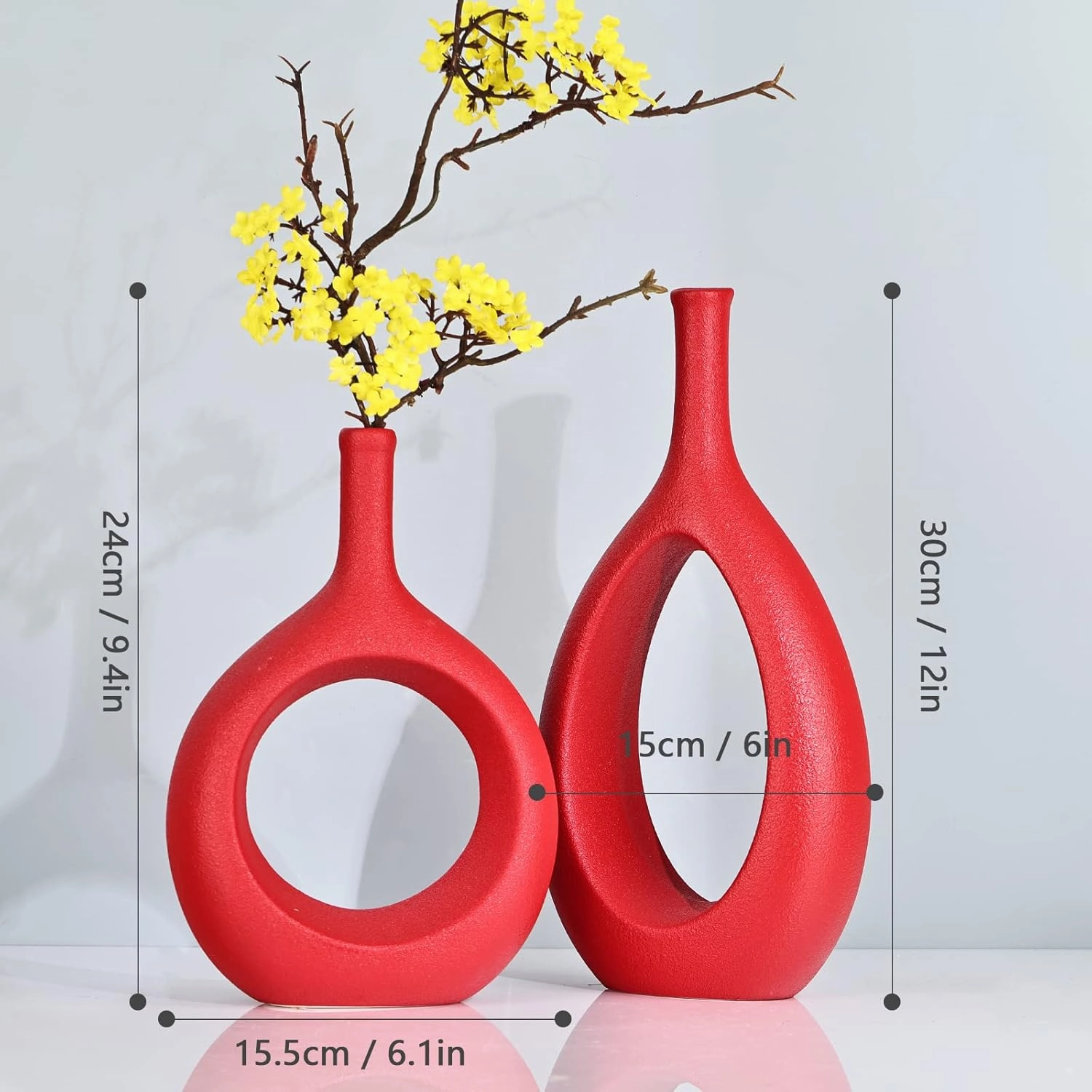 Red Ceramic Vase Set 2,Modern Hollow Circle with Hole Flower Vase for Home Decor,for Table Centerpieces,Farmhouse,Fire Place,Living Room,Bedroom,Office,Bookshelf,Rustic Decor