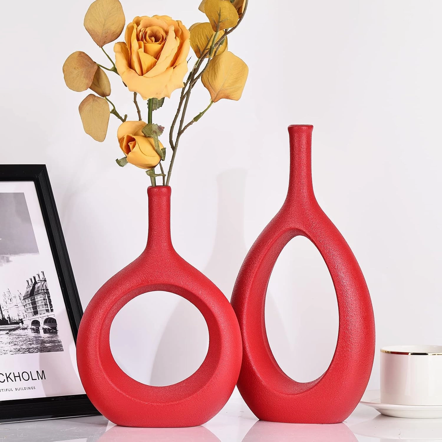 Red Ceramic Vase Set 2,Modern Hollow Circle with Hole Flower Vase for Home Decor,for Table Centerpieces,Farmhouse,Fire Place,Living Room,Bedroom,Office,Bookshelf,Rustic Decor