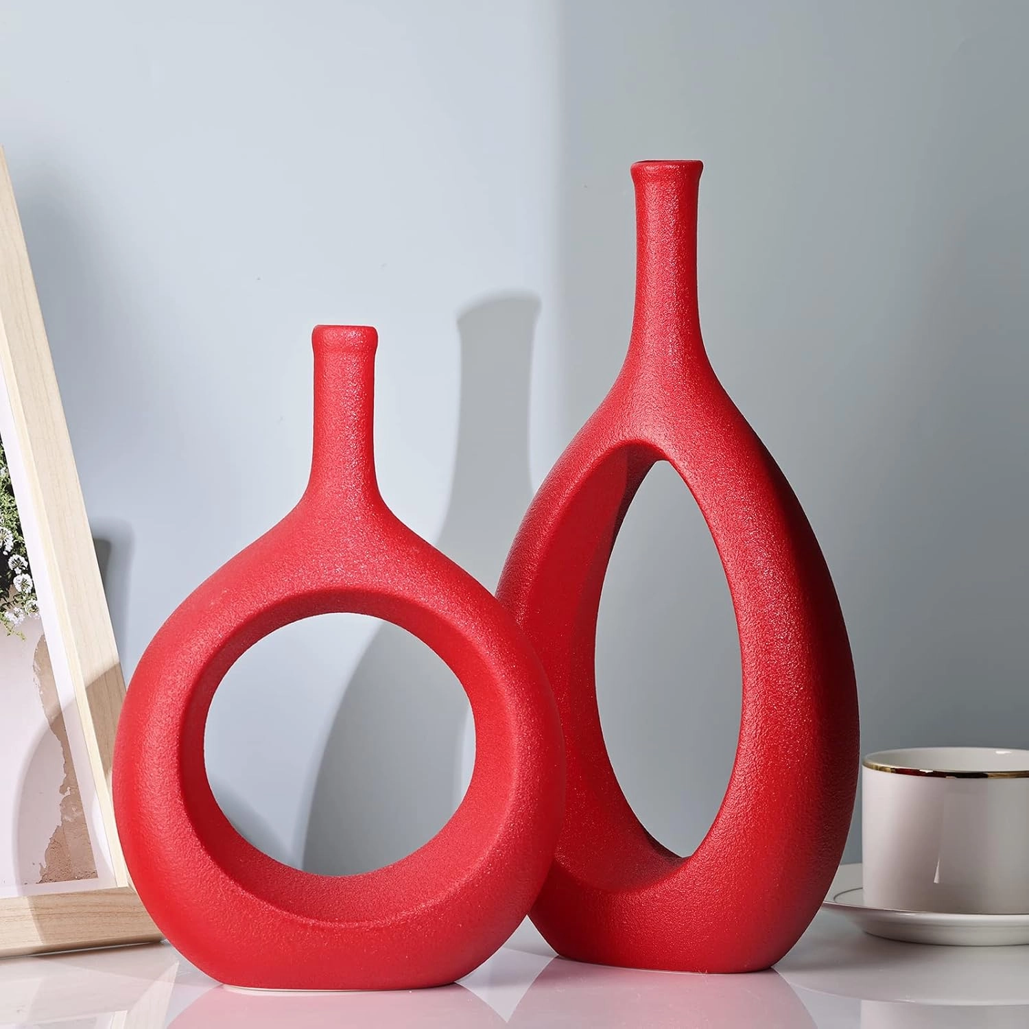 Red Ceramic Vase Set 2,Modern Hollow Circle with Hole Flower Vase for Home Decor,for Table Centerpieces,Farmhouse,Fire Place,Living Room,Bedroom,Office,Bookshelf,Rustic Decor