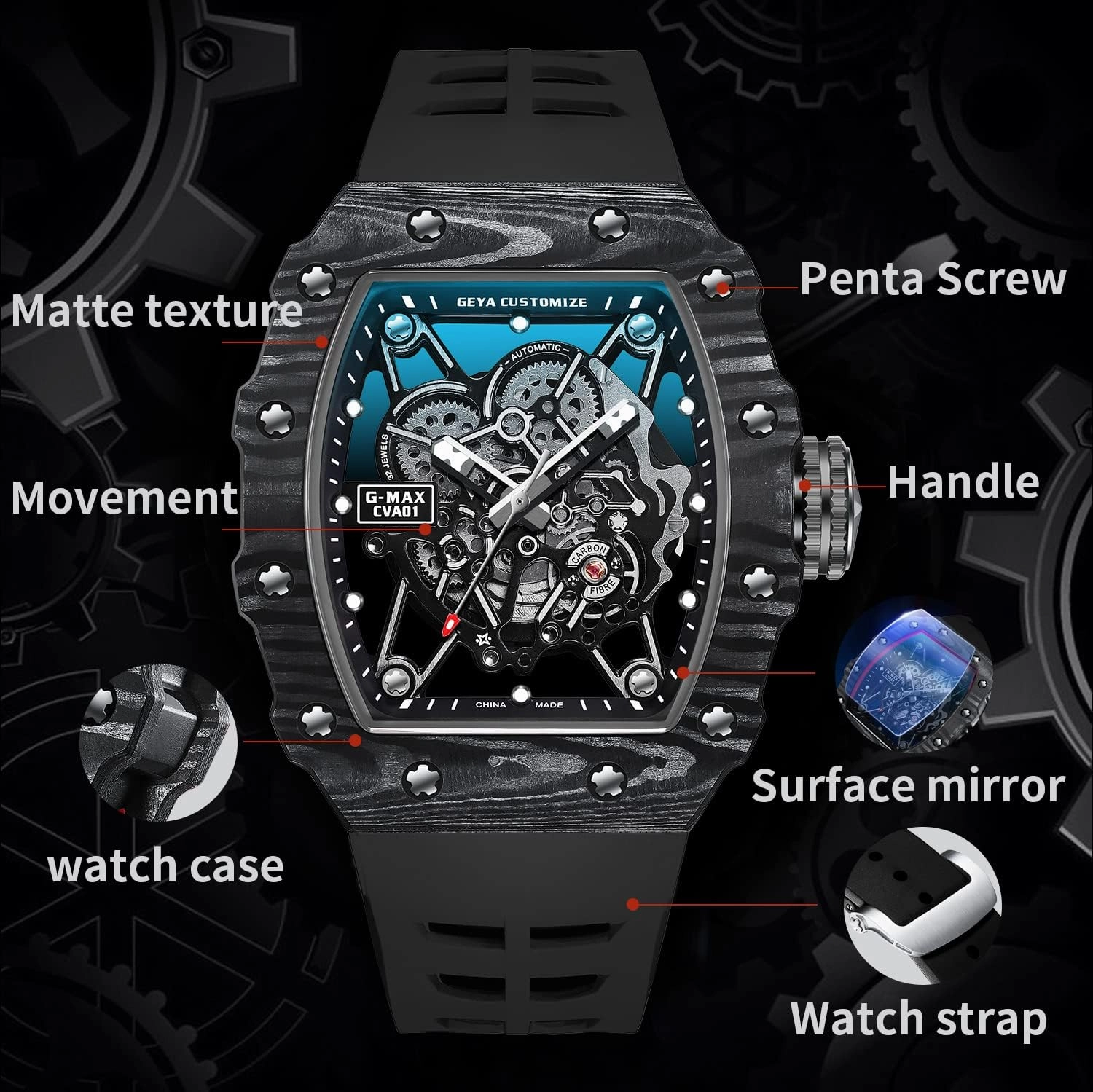 Redhai Automatic Mechanical Watch Skeleton Stainless 50M Waterproof Anti Shock Casual Diver Men Wrist Watch Sterling Watches Chronograph Analog Business Casual Fashion Adjustable Silicone Band