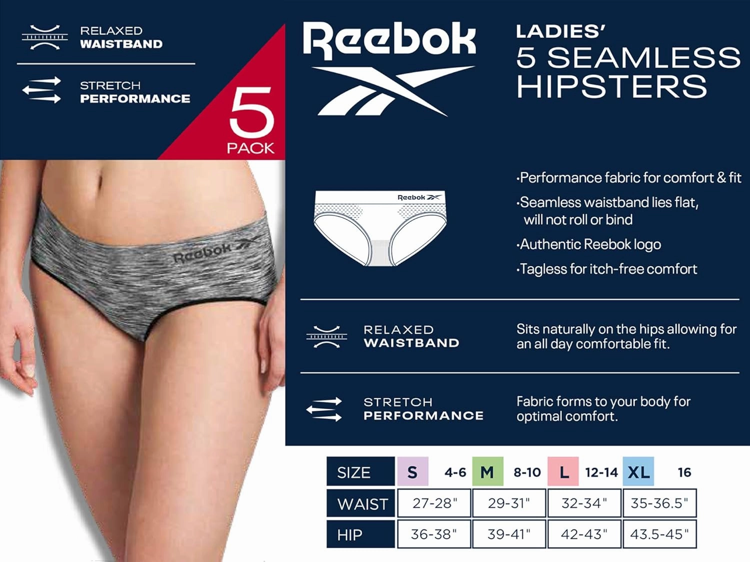 Reebok Hipster Panties for Women - 5 Pack Stretch Performance Seamless Underwear with Relaxed Tagless Waist (S-XL)