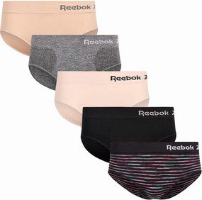 Reebok Hipster Panties for Women - 5 Pack Stretch Performance Seamless Underwear with Relaxed Tagless Waist (S-XL)