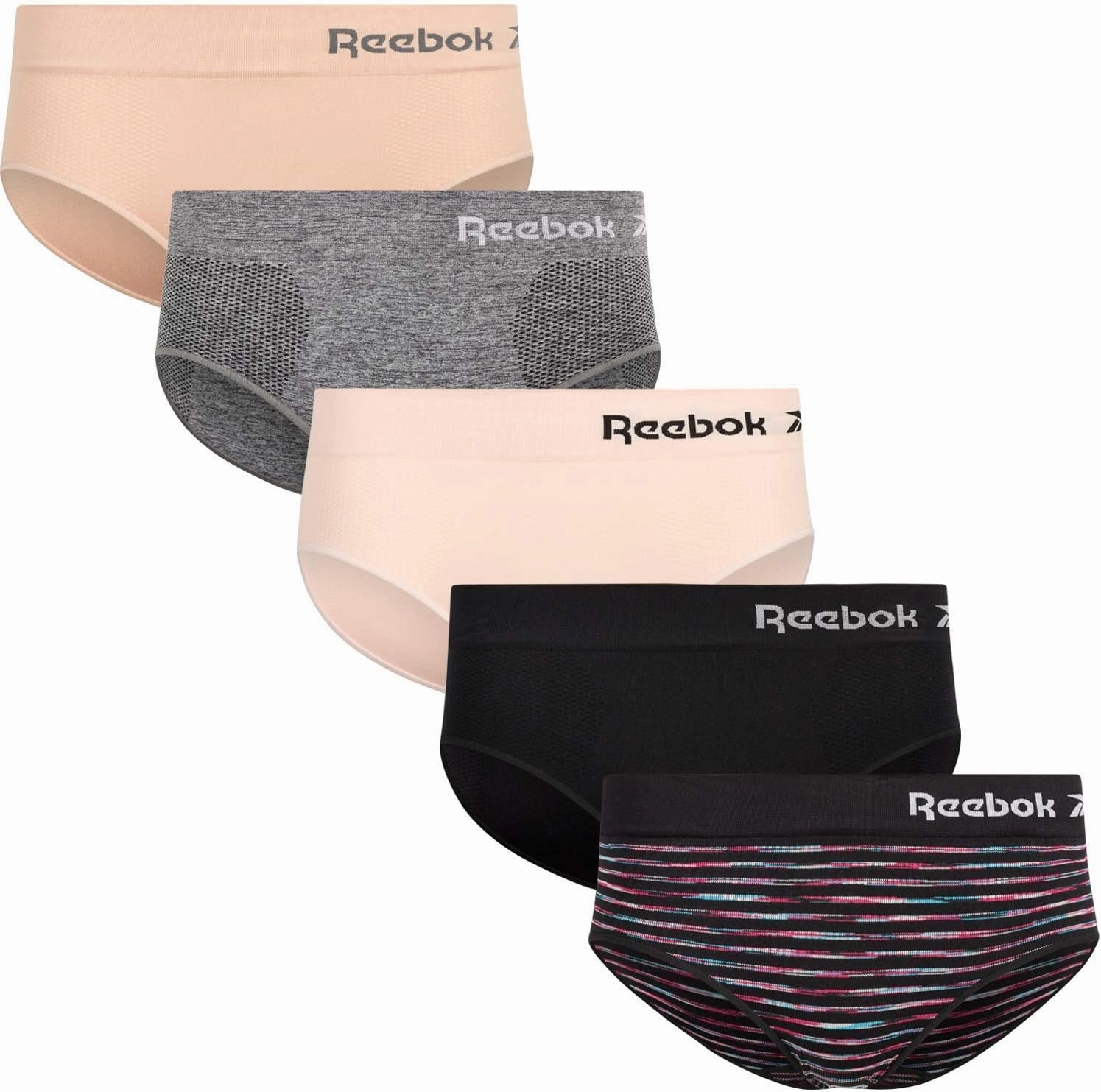 Reebok Hipster Panties for Women - 5 Pack Stretch Performance Seamless Underwear with Relaxed Tagless Waist (S-XL)