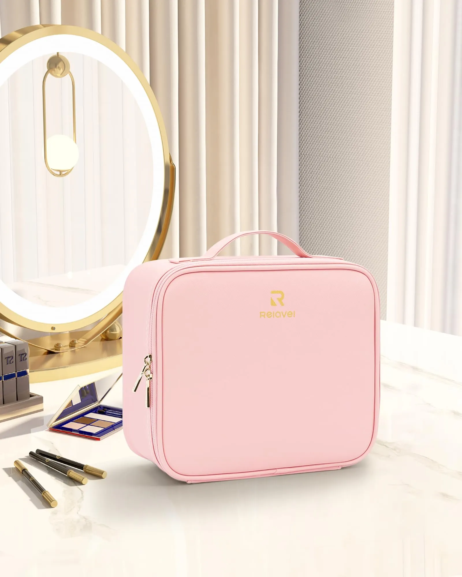 Relavel Travel Makeup Train Case Makeup Cosmetic Case Organizer Portable Artist Storage Bag with Adjustable Dividers for Cosmetics Makeup Brushes Toiletry Jewelry Digital Accessories (Pink)