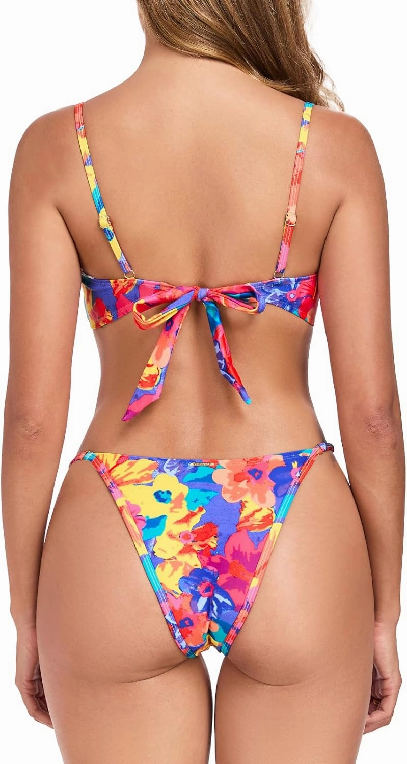 RELLECIGA Women Bandeau Bikini Set Adjustable Splicing Color High Cut Two Piece Bathing Suits