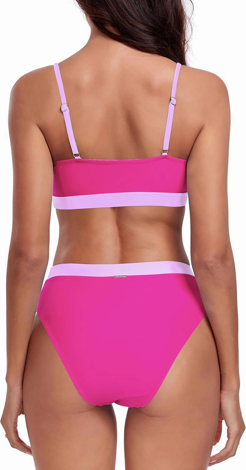 RELLECIGA Women's High Waisted Bikini Set Scoop Neck Color Block Two Piece Swimsuits