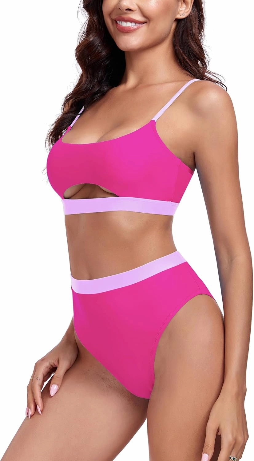 RELLECIGA Women's High Waisted Bikini Set Scoop Neck Color Block Two Piece Swimsuits