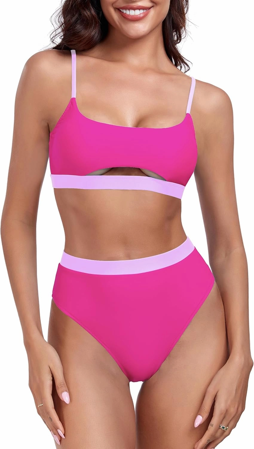 RELLECIGA Women's High Waisted Bikini Set Scoop Neck Color Block Two Piece Swimsuits