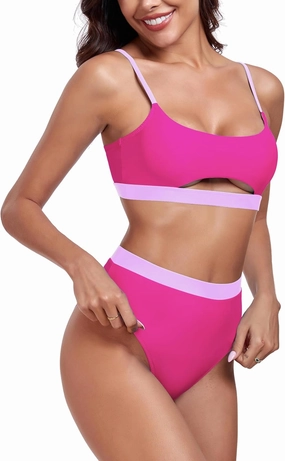 RELLECIGA Women's High Waisted Bikini Set Scoop Neck Color Block Two Piece Swimsuits