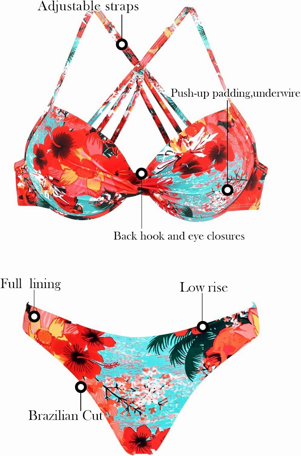 RELLECIGA Women's Push Up Underwire Bikini Set Brazilian Low Rise Bathing Suit