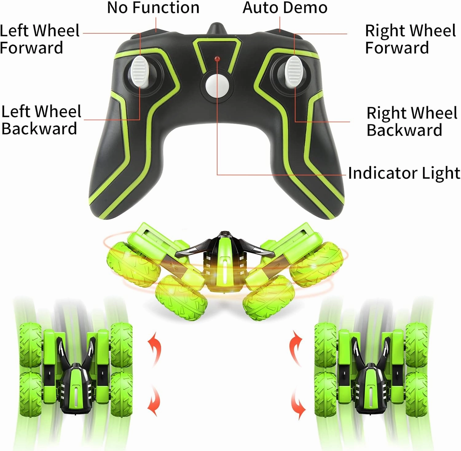 Remote Control Car for Kids 3-12 Years Old, Birthday Gift Toy for Boys Age 4 5 6 7 8, RC Car Stunt with Light 4WD Double Side Racing Vehicle 360° Flips Offroad Indoor Outdoor Sand Grass Garden Green