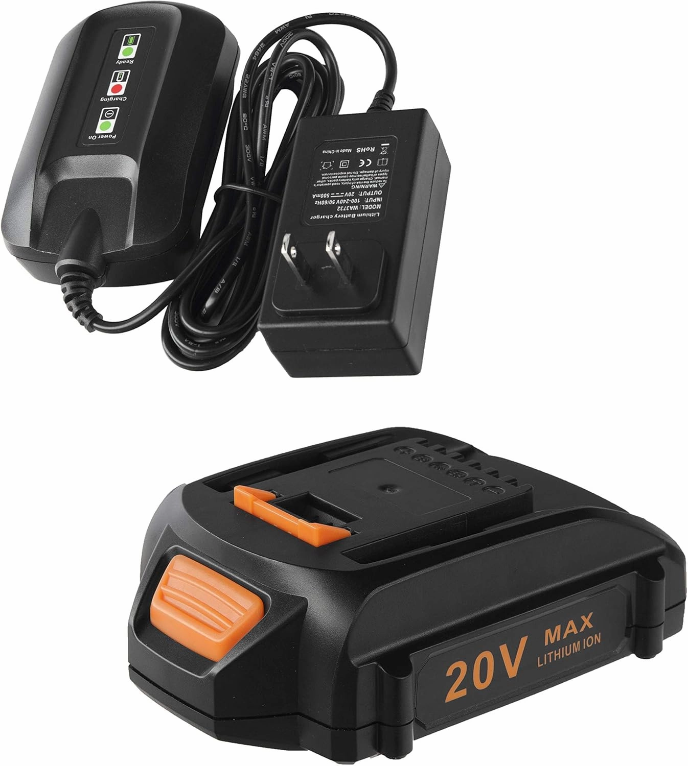 Replacement 20V Battery and Charger Starter Kit, WA3525 Lithium Battery and Charger WA3732 Compatible with Worx 20-Volt Cordless Power Tools