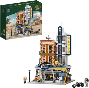 Retro Motorcycle Diner & Bar Building Set - Modular Street Corner Architecture Kit with Interactive Doors, Openable Walls, 4 Motorcycles & 5 Exclusive Minifigures for Display & Play