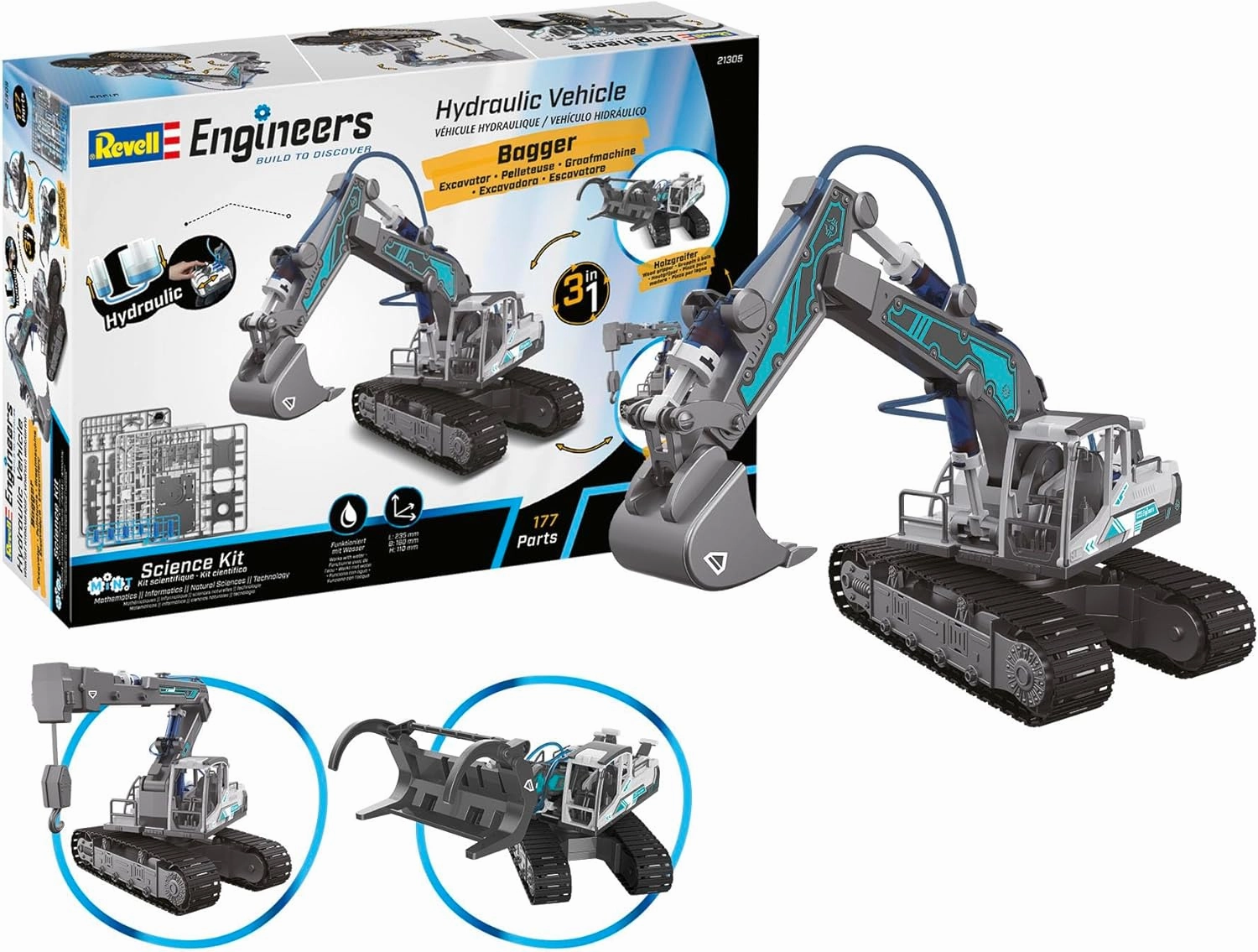 Revell Engineers 21305 Hydraulic Excavator 3in1 Science Kit I 177 Parts I Water Powered I 23.5cm In Length
