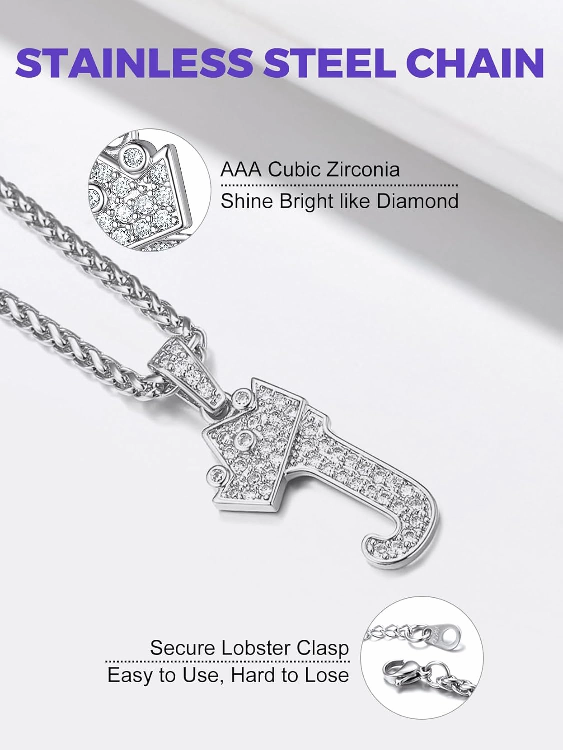 Richsteel Silver Crown Initial A-Z Necklace, Cubic Zirconia Letter Pendant with 22" 2'' Adjustable Chain, Men Women Bling Hip Hop Jewelry for Father's Day/Anniversaries/Birthdays