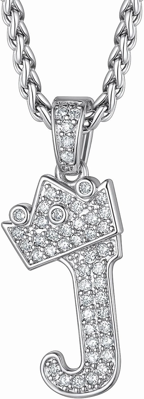 Richsteel Silver Crown Initial A-Z Necklace, Cubic Zirconia Letter Pendant with 22" 2'' Adjustable Chain, Men Women Bling Hip Hop Jewelry for Father's Day/Anniversaries/Birthdays