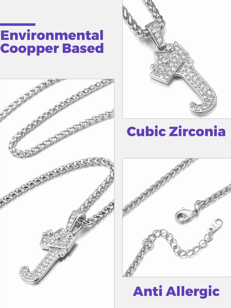 Richsteel Silver Crown Initial A-Z Necklace, Cubic Zirconia Letter Pendant with 22" 2'' Adjustable Chain, Men Women Bling Hip Hop Jewelry for Father's Day/Anniversaries/Birthdays