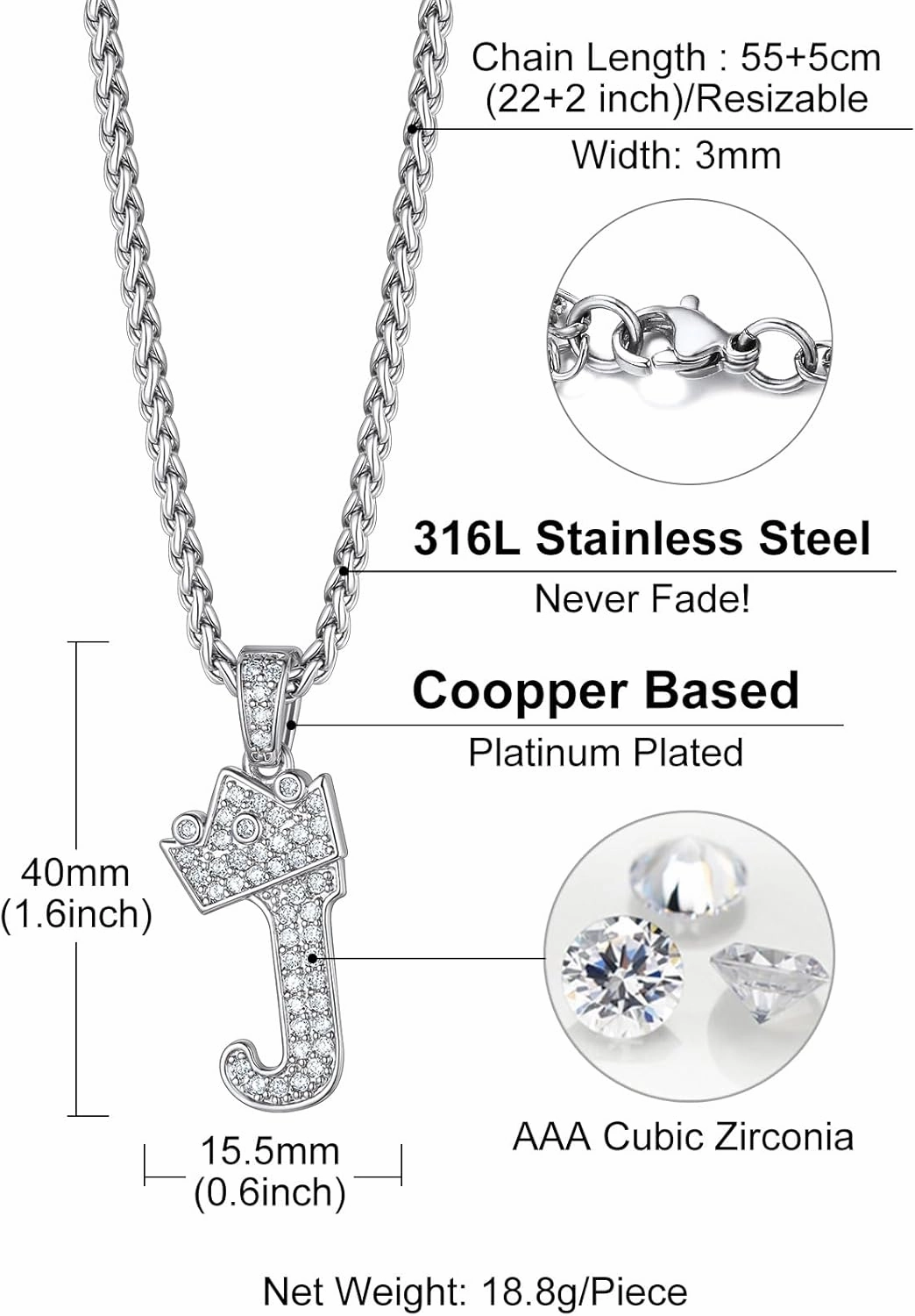 Richsteel Silver Crown Initial A-Z Necklace, Cubic Zirconia Letter Pendant with 22" 2'' Adjustable Chain, Men Women Bling Hip Hop Jewelry for Father's Day/Anniversaries/Birthdays