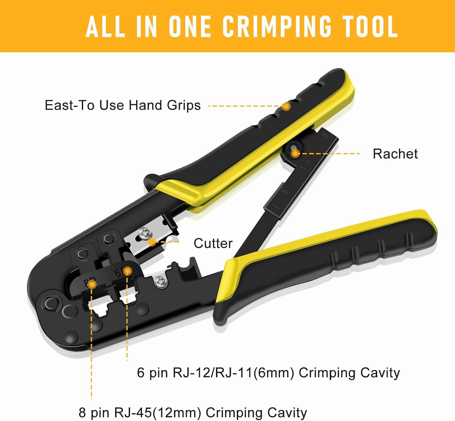 RJ45 Crimp Tool Kit for Cat5 Cat5e Cat6 Modular Plugs Connectors, RJ-11, 6P/RJ-12, 8P/RJ-45 Network Crimping Tool, Modular RJ45 Crimper Strip, Cut, Crimp, All-in-One