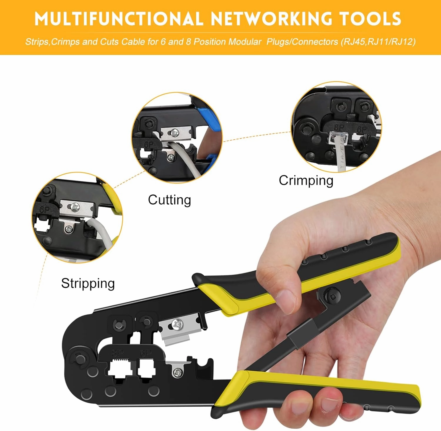 RJ45 Crimp Tool Kit for Cat5 Cat5e Cat6 Modular Plugs Connectors, RJ-11, 6P/RJ-12, 8P/RJ-45 Network Crimping Tool, Modular RJ45 Crimper Strip, Cut, Crimp, All-in-One